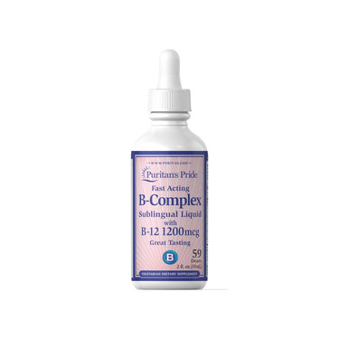 A bottle of B-Complex with Vitamin B12 Liquid - 59 ml by Puritan's Pride on a white background.